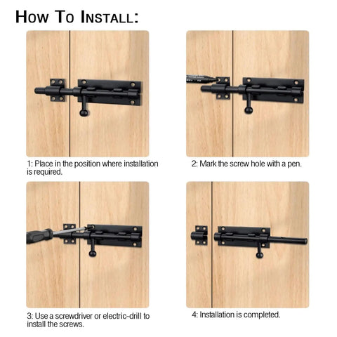 Step-by-step installation guide for Kickass Heavy Duty Slide Bolt Gate Latch, Solid Stainless Steel, 7.8 Inch, Black Double Pack.