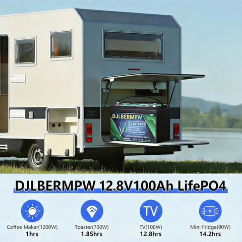 12V 100Ah LiFePO4 Battery With Built-In 100A BMS installed in RV, powering appliances, showcasing outdoor setup