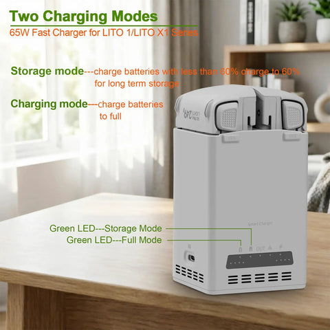 65W Two Way Smart Charger Dock for Lito 1 and Lito X1 drones with USB C cable, features storage and charging modes, grey hub station