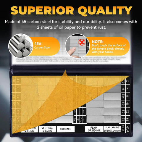 Surface Roughness Standards Kit With 30 Comparators And 5X Magnifying Glass, Ra0.05-12.5mm Range, Precision Finish Gauge For Lathe Machining, Manufacturing, And Shop Training, Easy Compare And Quality Check; 45# carbon steel kit with oil paper