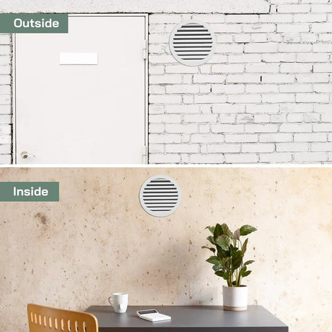 10 Inch White Steel Soffit Vent Cover With Round Louvered Grill Built In Mesh Screen And Flange shown on wall indoors and outdoors