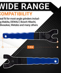 Side view of Upgraded SEWA20 Grinder Wrench Universal Adjustable Lock Nut Spanner, blue handle, fits various brand grinders.