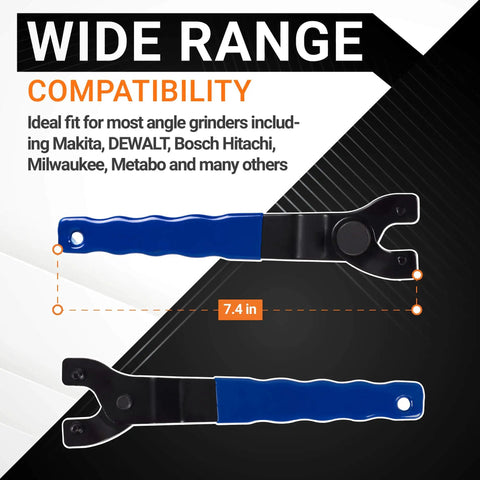 Side view of Upgraded SEWA20 Grinder Wrench Universal Adjustable Lock Nut Spanner, blue handle, fits various brand grinders.