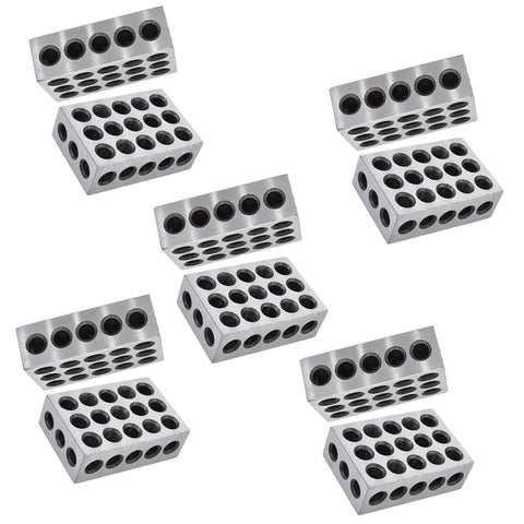 Front view of ten 1-2-3 precision machinist blocks in hardened steel with 23 holes