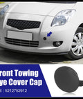 Black Front Right Bumper Tow Hook Towing Eye Cover Cap Replacement 52127-52909 For Toyota Yaris 2006 To 2008, shown on car
