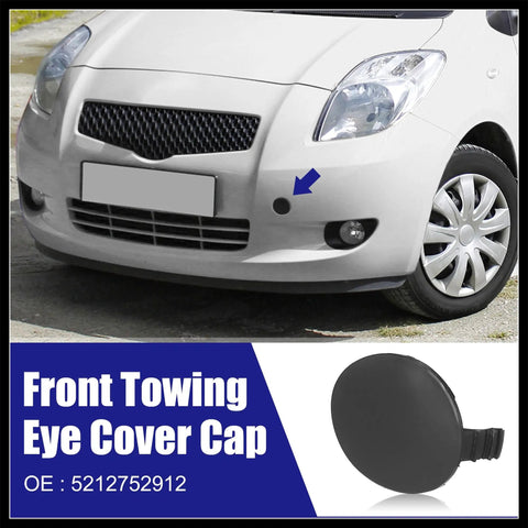 Black Front Right Bumper Tow Hook Towing Eye Cover Cap Replacement 52127-52909 For Toyota Yaris 2006 To 2008, shown on car