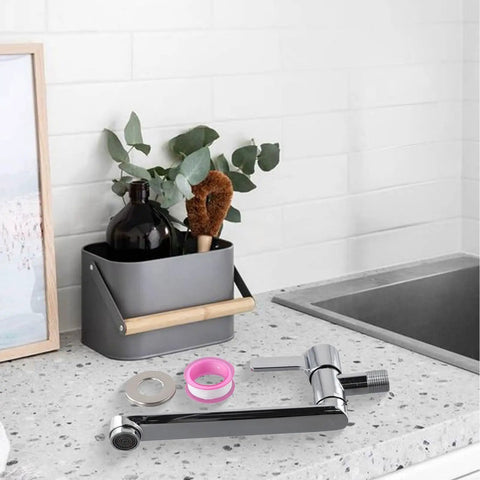 Cold Only Wall Mounted Faucet, Extended Reach 304 Stainless Steel Rotatable Kitchen Sink Tap with Single Lever for Mop Pool(20cm) on counter with accessories.