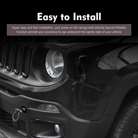 Hardcore Heavy Duty Alloy Racing D Ring Front Bumper Tow Hook Screw On Towing Trailer Puller on black vehicle hood.