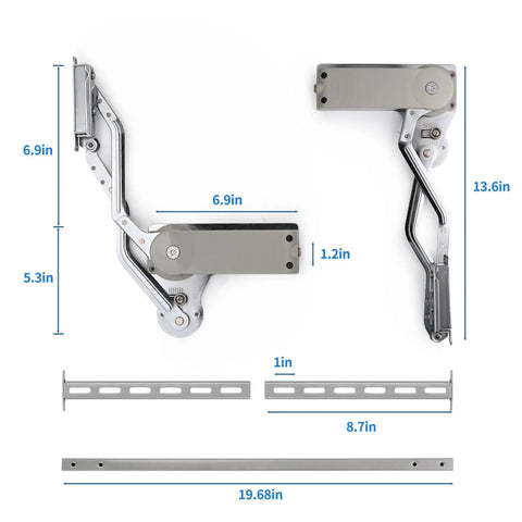 Hydraulic Buffer Cabinet Door Hinge For Vertical Lift Up Cabinets With Soft Close, dimensions shown including 19.68 in bar.