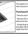Illustration of Louvered Plastic Floor Register Black Finish 4x8 Inches, 10 Pack installation instructions and floor opening size.