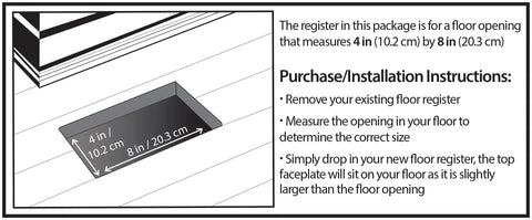 Illustration of Louvered Plastic Floor Register Black Finish 4x8 Inches, 10 Pack installation instructions and floor opening size.