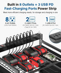 Power Tool Organizer Cart With 8 Outlet 3 USB Charging Station On Wheels, Heavy Duty Rolling Tool Storage Cart For Drills Batteries And Tools, 10 Ft Power Strip, Black with devices connected.