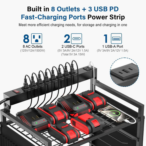 Power Tool Organizer Cart With 8 Outlet 3 USB Charging Station On Wheels, Heavy Duty Rolling Tool Storage Cart For Drills Batteries And Tools, 10 Ft Power Strip, Black with devices connected.