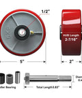 Five Inch Heavy Duty Caster Wheels Set Of Four With Polyurethane Tread On Steel Wheel Half Inch Bore 1000 Lb Per Wheel