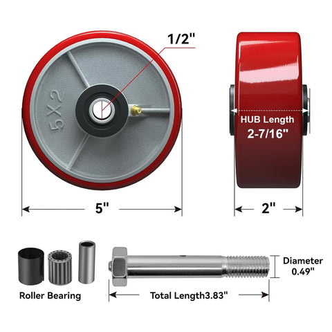 Five Inch Heavy Duty Caster Wheels Set Of Four With Polyurethane Tread On Steel Wheel Half Inch Bore 1000 Lb Per Wheel