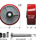 Hardcore Heavy Duty Cast Iron Caster Wheels With Slick Polyurethane Tread, 1000 Pound Load Rating, Half Inch Center Bore, Five By Two Inch Solid Rollers For Shop And Warehouse Gear, 100 Pack wheel dimensions with measurements.