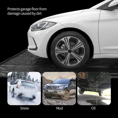 White car parked on Containment Mat For Garage Floor 7 Foot 9 Inch By 16 Foot Non Slip Heavy Duty Waterproof Car Floor Protector.
