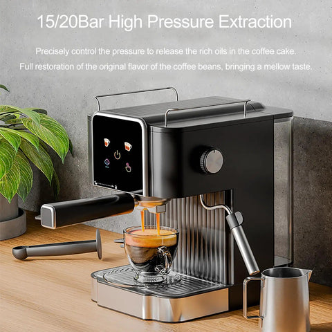 Pro Grade Semi Automatic Espresso Machine With Slick Touchscreen and Large Tank to Brew at Home, extracting coffee.