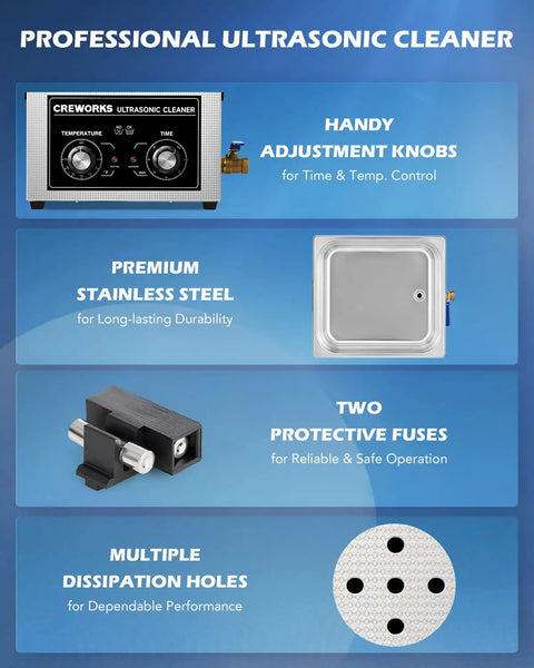 Diagram showcasing features of 15L Ultrasonic Cleaner With Knob, 760W Total Power, 40kHz Digital Cavitation And Heater