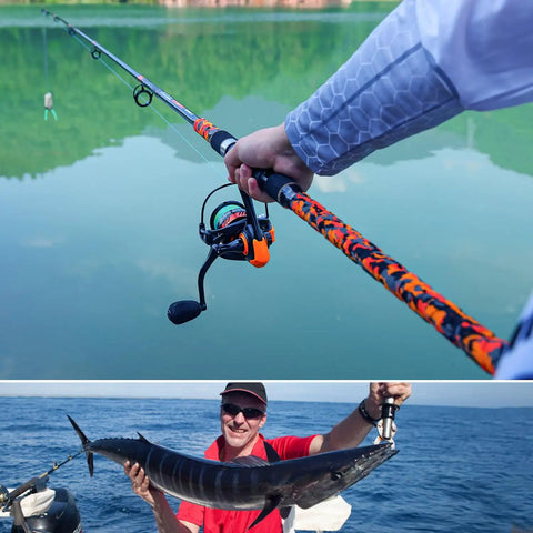 Angler using 3 Piece Surf Fishing Rod And Reel Combo With Medium Heavy Travel Spinning Rod 5000 Size Reel Baitfeeder 9 Foot Orange