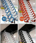 Slick Pull Down Attic Ladder Featuring Smooth Glide Telescopic Rails And Heavy Duty Antislip Base in blue, orange, white, and black colors.