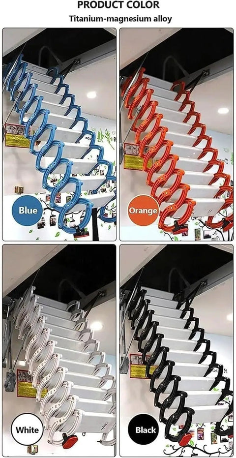 Slick Pull Down Attic Ladder Featuring Smooth Glide Telescopic Rails And Heavy Duty Antislip Base in blue, orange, white, and black colors.