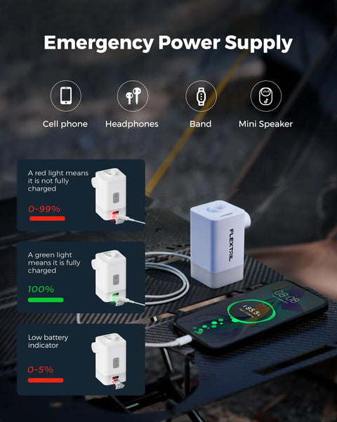 Front view of FLEXTAILGEAR portable air pump, white plastic body with LED indicator and 4800mAh battery