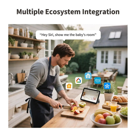 Person in kitchen using tablet with ecosystem icons for '2K Indoor Outdoor Security Camera With Spotlight Color Night Vision And AI Detection 140 Degree Field Of View Two Way Audio Wi Fi 6 HomeKit Secure Video Works With Alexa Google And IFTTT'