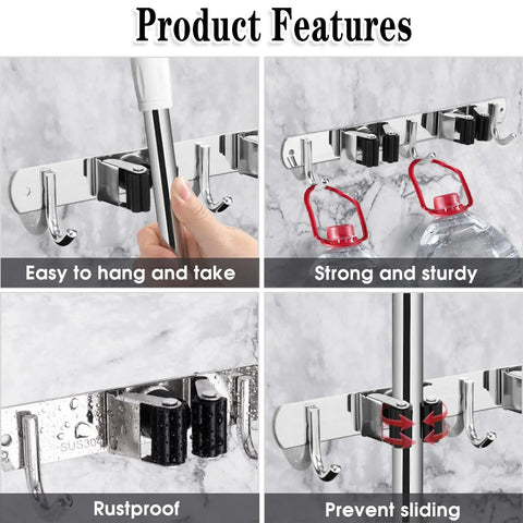 Two Racks And Three Hooks Broom And Mop Holder Wall Mounted Garage Organizer features durability and non-slip design