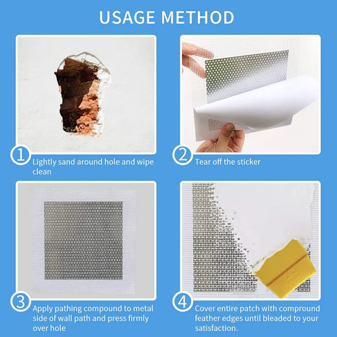 Steps to use 6 Inch Drywall Patch Kit Six Pack Self Adhesive 6x6 Aluminum Mesh Patches for Holes and Busted Plasterboard Wall Repair