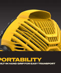 Close-up of Cordless Shop Fan With 20V Max Battery 650 CFM Airflow Variable Speed Control IP54, showing portability features.