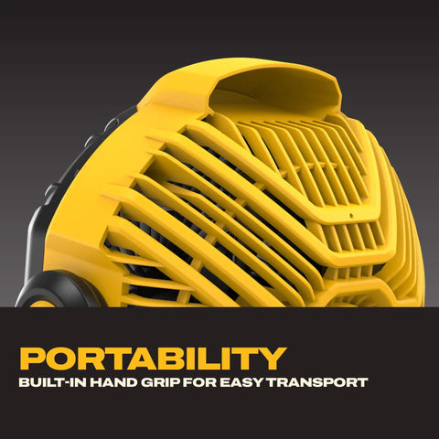 Close-up of Cordless Shop Fan With 20V Max Battery 650 CFM Airflow Variable Speed Control IP54, showing portability features.