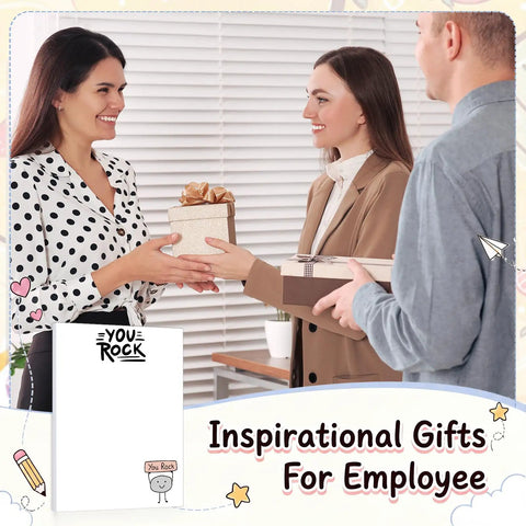 Coworkers exchanging gifts with Funny 50 Sheet Paper Pad You Rock Tearable Notepad To Do List Memo Pad in background