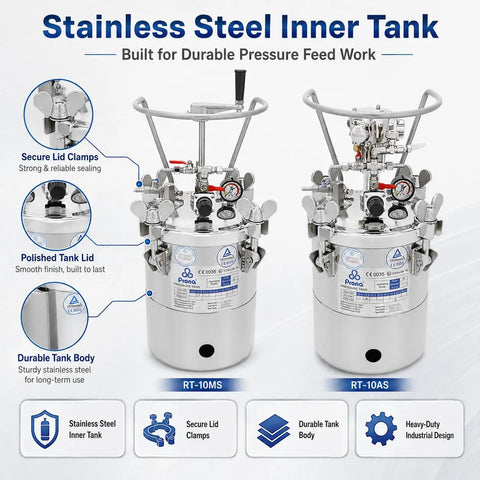 Built Like A Tank 10L Pneumatic Paint Pressure Pot Forged From Sus304 Stainless Steel Featuring Air Powered Automatic Agitator For Zero Hassle Continuous Mixing And Pro Level Spray Work