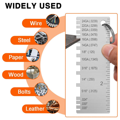 Front view of ZeeDix portable metal sheet thickness gauge in stainless steel, held in hand with scale visible.