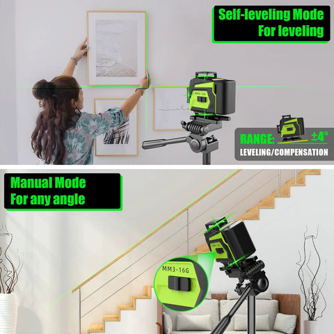 16 Line Laser Level With Tripod Pro Grade 51 Inch Aluminum Tripod Included 360 Degree Self Leveling Laser Level For Fast Accurate Layouts In Framing Tiling Cabinets And DIY Projects, self-leveling mode