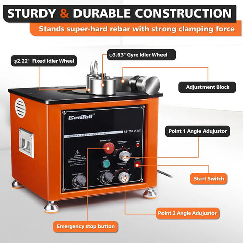 Centall 1 Inch 1600W Electric Rebar Bender With Dual Foot Pedals Ultra Fast Bending Tool For 1/4 To 1.3 Inch Steel Rod Angle Up To 180 Degrees, close-up of control panel and wheels.