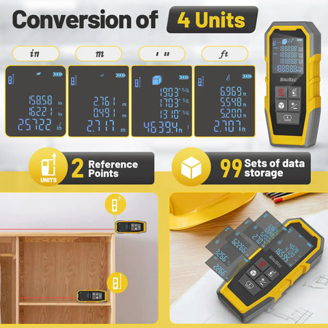 Digital Laser Measure Tool 229 Ft Range, 4 Unit Switching Including Feet, Inches, Meters, and Feet-Inches, 1/16 Inch Accuracy, Fast 0.25s Readings, 99-Record Storage, Pro Grade, Workhorse For Distance, Area, Volume and Pythagorean, Class 2 Laser Safe, shown with unit conversions