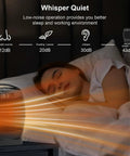 Indoor Portable Space Heater 1500W with PTC Ceramic Heating near sleeping person on bed, showing quiet operation