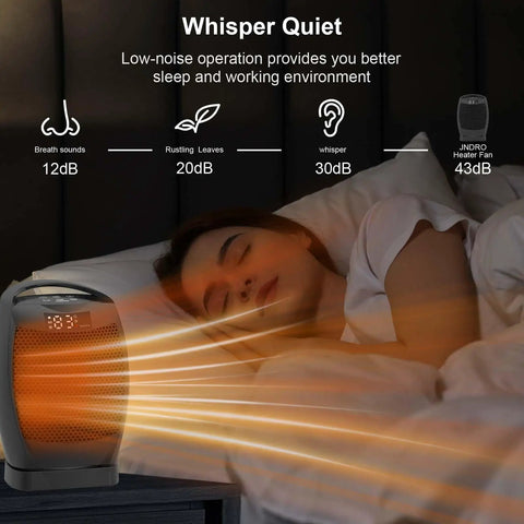 Indoor Portable Space Heater 1500W with PTC Ceramic Heating near sleeping person on bed, showing quiet operation