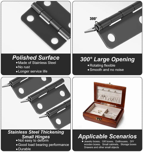 Image of 50 Pairs 1 Inch Tiny Metal Hinges With Screws For Wooden Boxes and Jewelry Cases on display showing features.