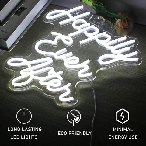 Happily Ever After Neon Sign White Led Neon Light for Wedding Bridal Shower Usb Powered Light Up Sign on table with box
