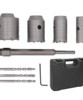 Heavy Duty Concrete Hole Saw Kit With Carbide Cutting Bits In 30Mm 40Mm 50Mm And 65Mm Sizes Plus Core Drill Set For Brick And Cement Wall Drilling Tasks. 4-hole saw kit, drill bits, arbor and case