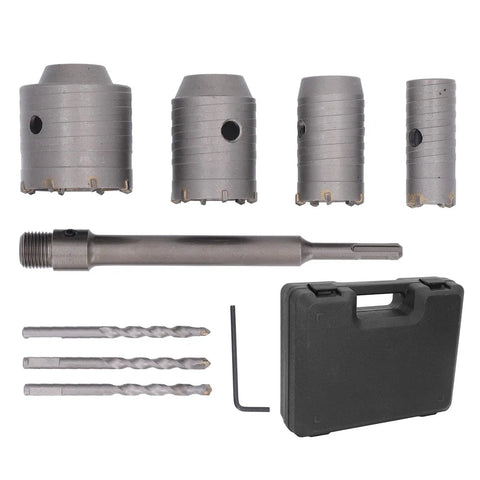 Heavy Duty Concrete Hole Saw Kit With Carbide Cutting Bits In 30Mm 40Mm 50Mm And 65Mm Sizes Plus Core Drill Set For Brick And Cement Wall Drilling Tasks. 4-hole saw kit, drill bits, arbor and case