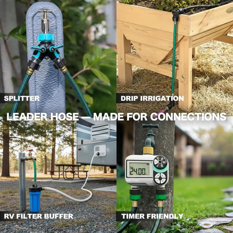 Collage showing Three Foot Leader Hose with 1/2 inch fittings used for splitter, drip irrigation, RV filter buffer, and timer connection