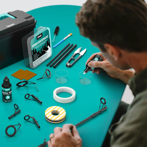 Man using Three In One Fishing Rod Repair Kit With Epoxy Glue And Wrapping Thread Rod Tips And Guide Eyelets Replacement Complete Fishing Pole Repair Supplies For Fixing Breaks And Eyelet Cracks