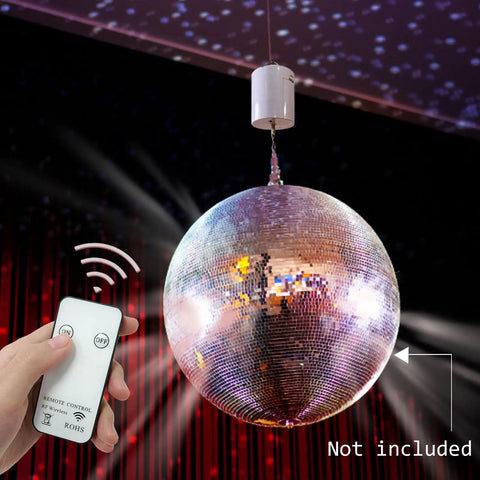 Disco Ball Motor For Wind Spinner And Mirror Ball Chimes Hang Display Rotating Motor With Mini Remote Controller Battery Powered At 20 RPM Holds Up To 4 Pounds Garden Decor Boss Vibe shown with remote.