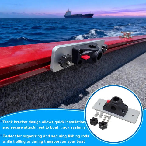 Universal Track Bracket for Versatrack and Ranger Track Systems, 360 Degree Rotating Fishing Rod Base Fits Smokercraft and Bass Tracker Gunnel Tracks, Durable Mount for Easy Rod Access mounted on boat rail