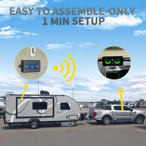 Wireless Rv Leveling System With Lcd Display For Travel Trailers Five Minute Install No App Or Phone Needed Super Easy Wall Suction Mounts Solid Plug Play Rig For Smooth Camper Adventures, showing setup process with LCD display and travel trailer.