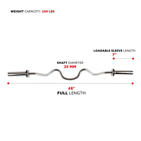 48 Inch Olympic Curl Bar With Rotating Sleeves And Ring Collars For Home Gym, Diamond Knurled Handle, Holds Up To 200 Lb diagram